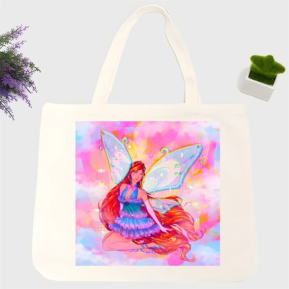 Winx Butterfly Fairy Tote Bag Unisex Canvas Bags Shopping Bags Printed Casual Shoulder Bag Foldable