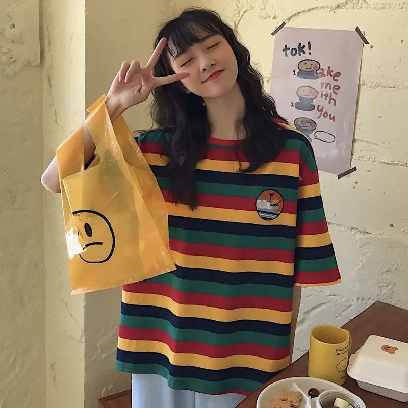 

Women's Clothing Round Neck Summer Stripe T-Shirt Short Sleeve Retro Embroidery Stylish Versatile Loose Fit Half Sleeve Casual