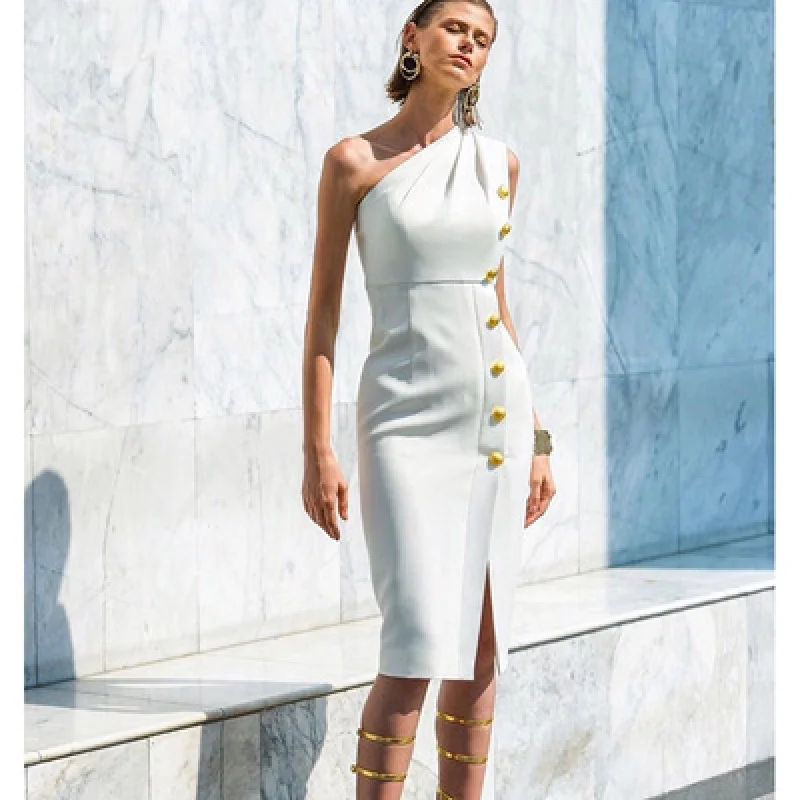 

New Arrival Fashionable Gold Button Sexy One-Shoulder Slit Dress Bandage Dress Birthday Party Dress