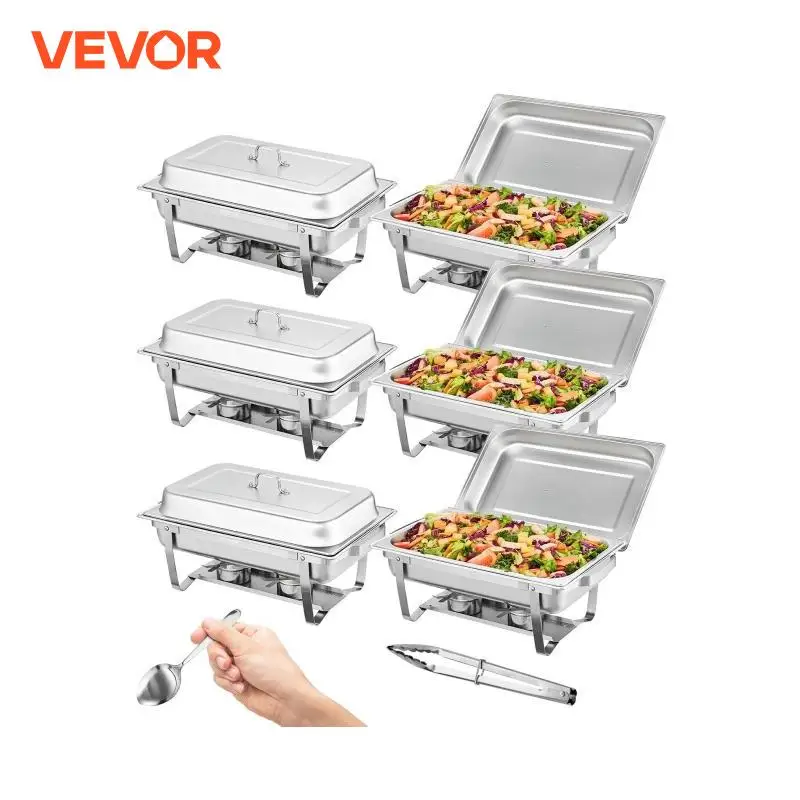 VEVOR 6 Packs 8QT Rectangle Chafing Dish w/ Full Size Pans Buffet Catering Warmer Server Folding Stand Fuel Holder Tray