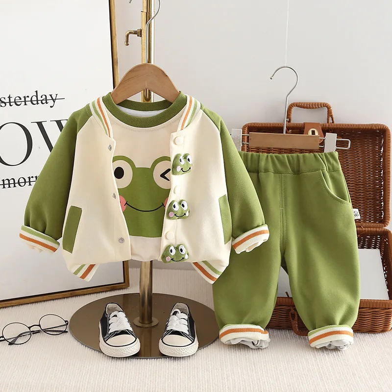 Autumn 2024 Children Boys 3PCS Clothes Set Cartoon Cotton Pullovers Patchwork Sleeve Coat Striped Hem Pants Toddler Boys Outfits