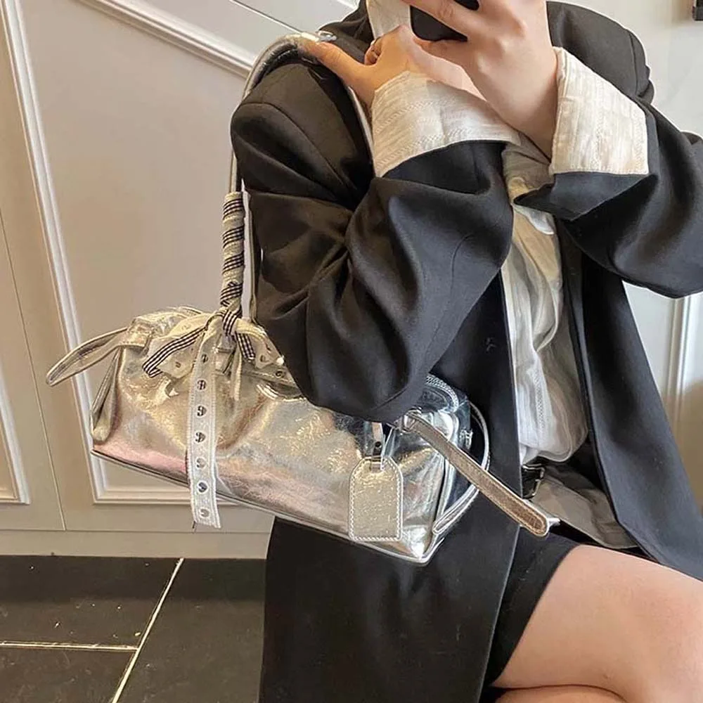 

Solid Color French Stick Handbag Bow Ribbon Y2K Silver PU Shoulder Bag Waterproof High Quality Cylinder Underarm Bags Girls