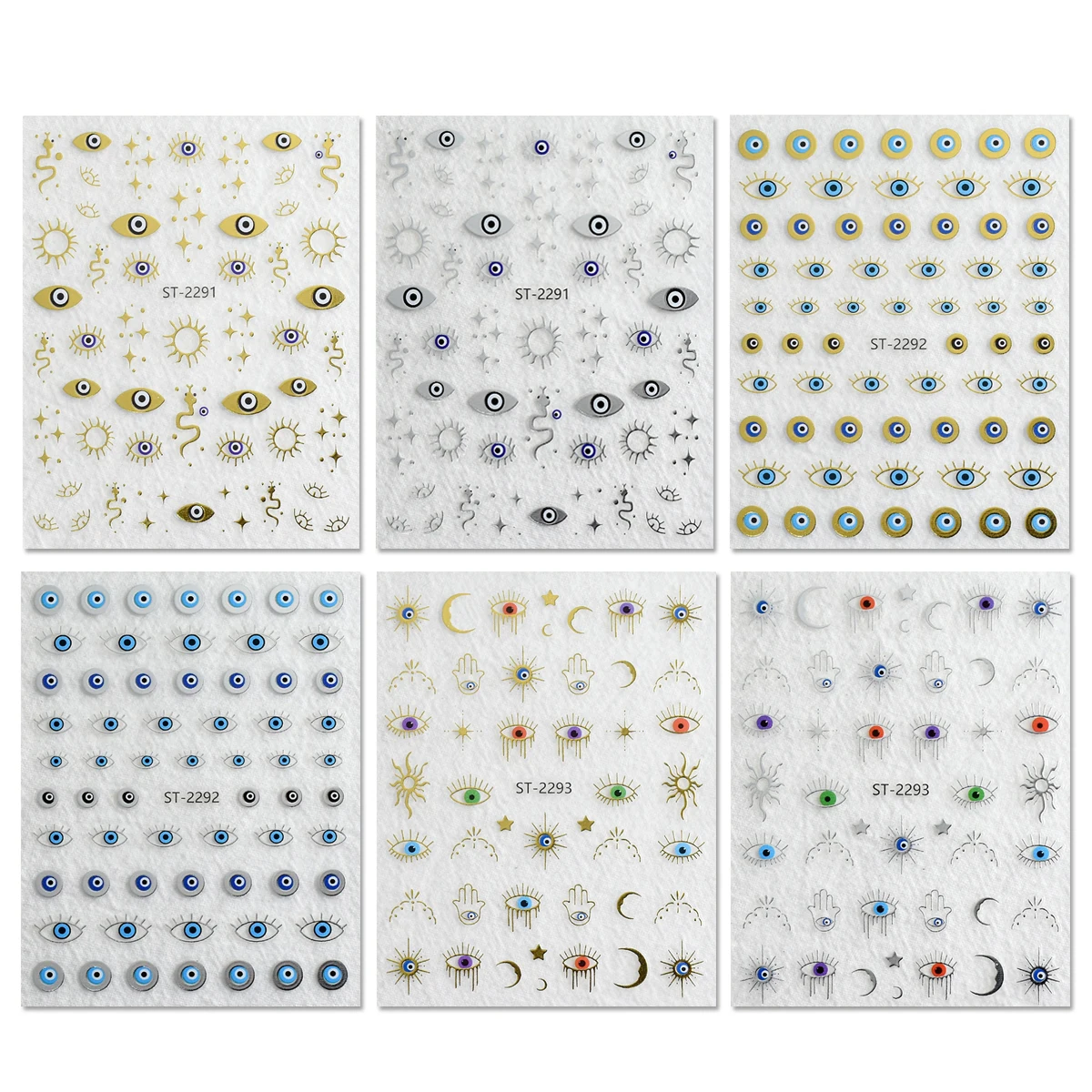 3/6/12 Sheets Gold Silver Evil Eye Nail Art Stickers Moon Star Sun Protection Nail Decals for Women DIY Boho Nail Design