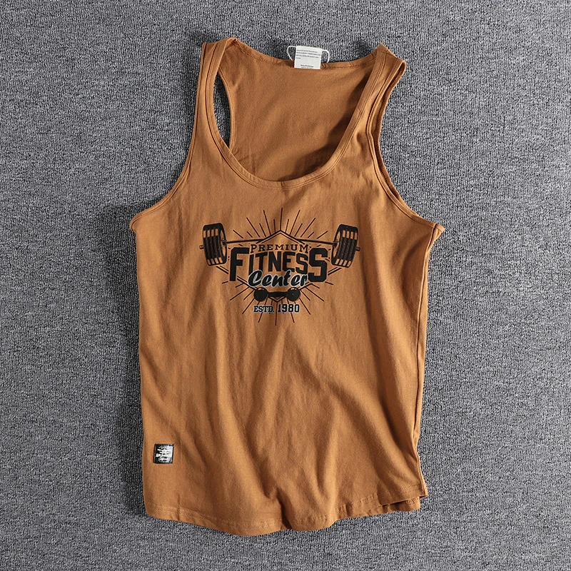 2023 Summer New American Retro Sleeveless O-neck Printed T-shirt Men\'s Fashion 100% Cotton Washed Old Casual Sports Vest Tops