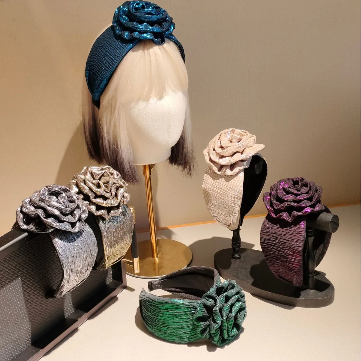 

European and American New Retro High-End Feel High Skull Top Wide Extra Large Flower Headband