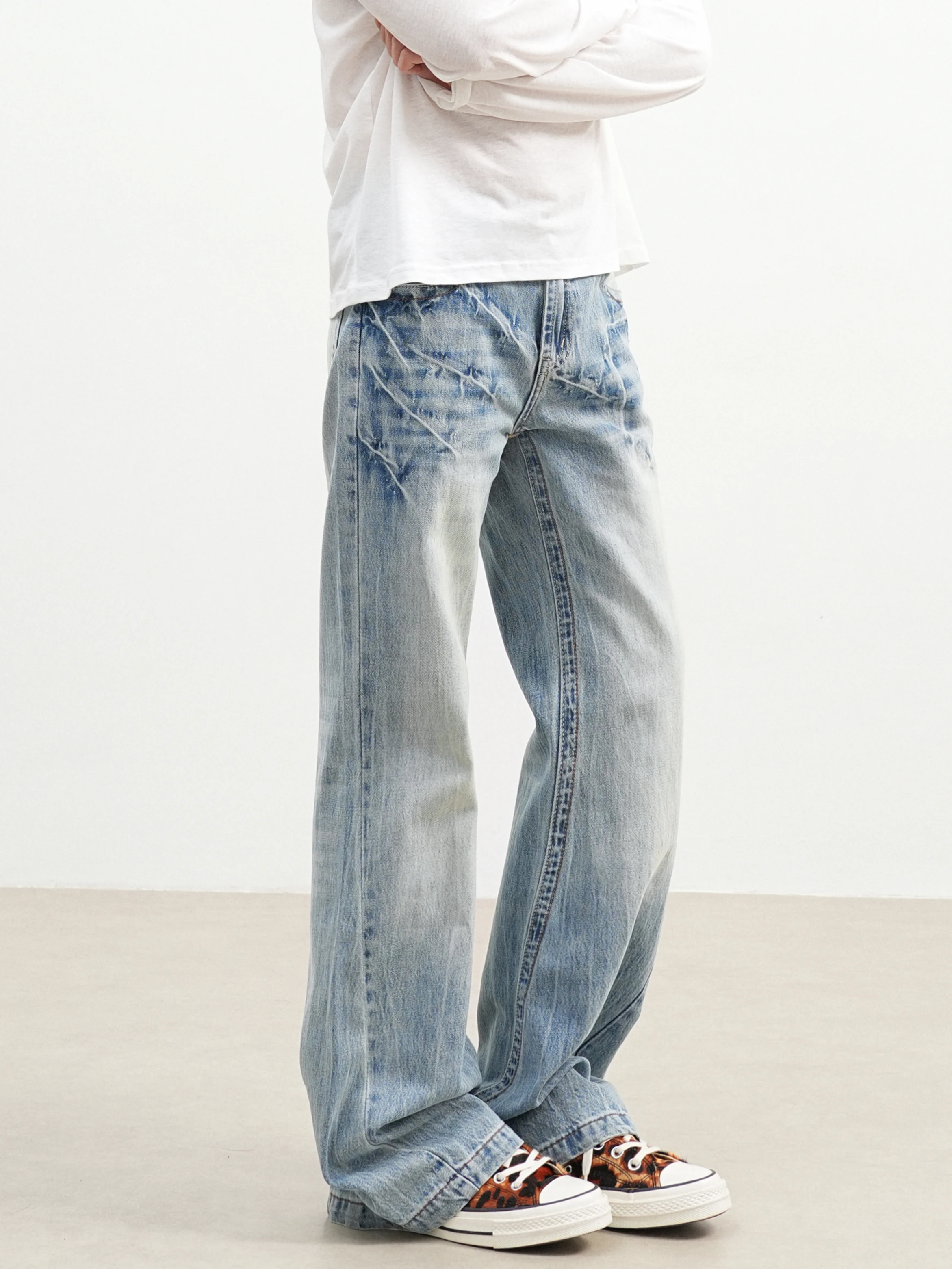 Calças Jeans Slim Fit de Denim Lavado para Homens e Mulheres, Estilo High Street, Com Padrão Thunder, Comprimento Capri, Mist...