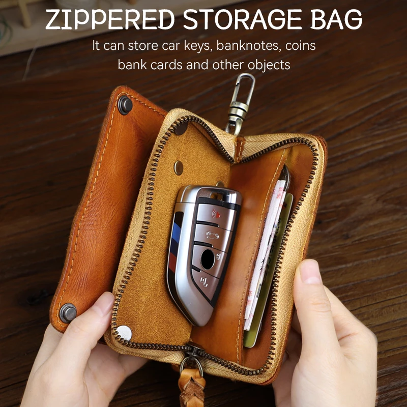 Vintage Key Wallet For Men Handmade Genuine Leather Smart Key Ring Zipper Coin Purse Card Slot Housekeeper Key Chain Bag