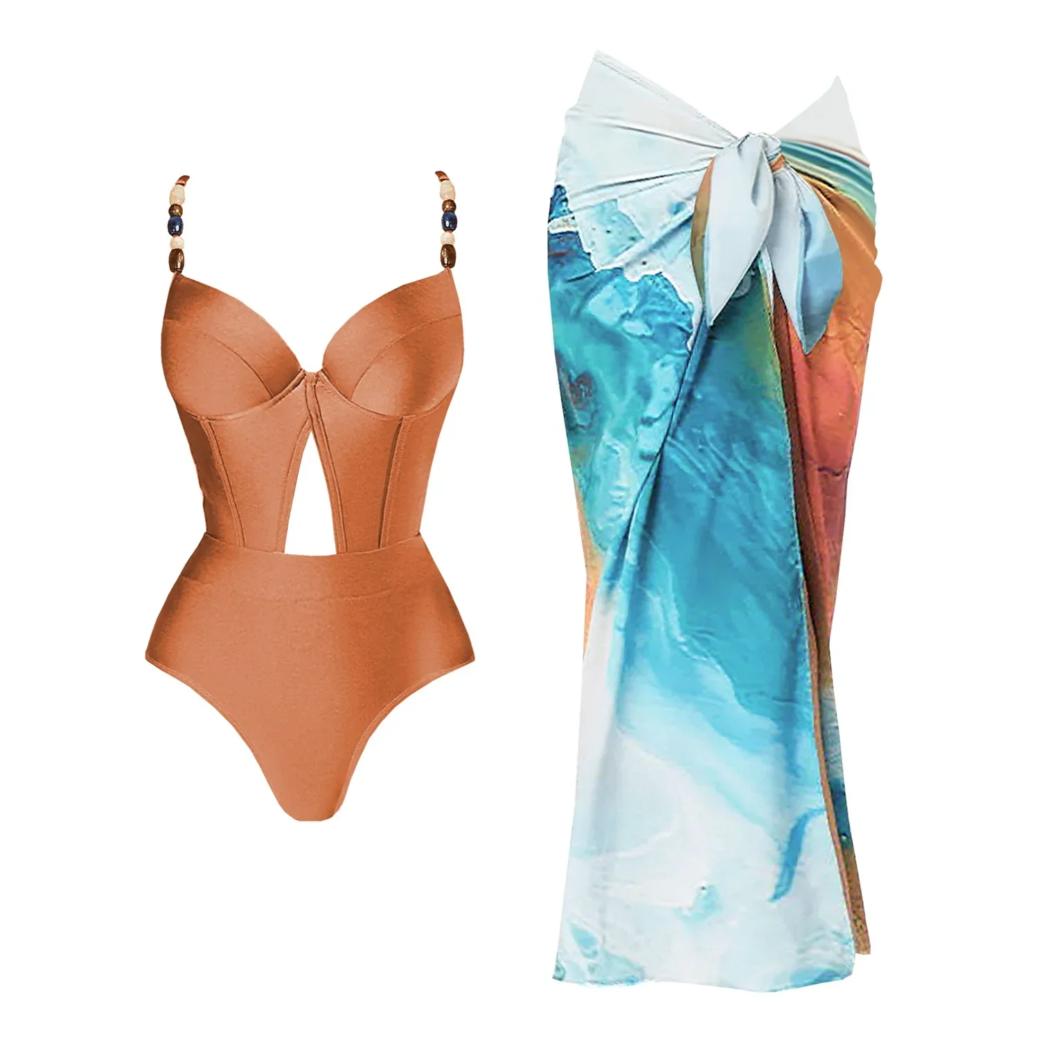 

2Pcs Swimsuit Women Sexy Swimwear 2025 New Bikini Set With Sarong Female Biquini Push Up Swim Suit Bodysuit Beachwear Cover Up