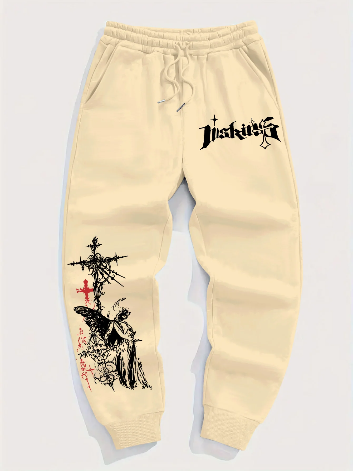 Men's Gothic Angel Cross Print Jogger Pants Y2K Streetwear Elastic Drawstring Waist Cuffed Sweatpants Hip Hop Casual Trousers