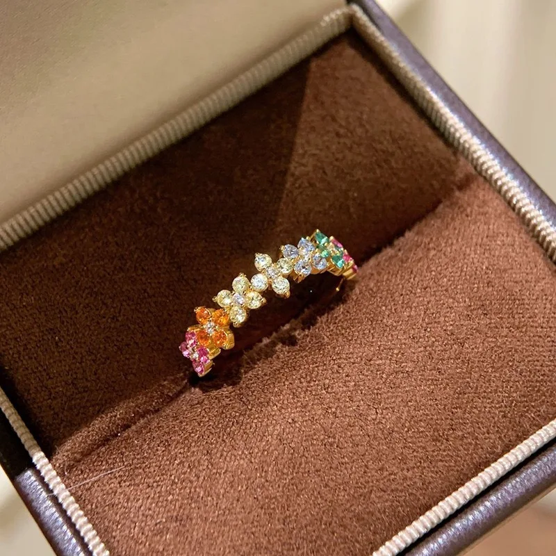 Fashion Female Rings 925 Sterling Silver Dopamine Colored Zircon Flower Adjustable Rings for Women Promise Love Wedding Jewelry