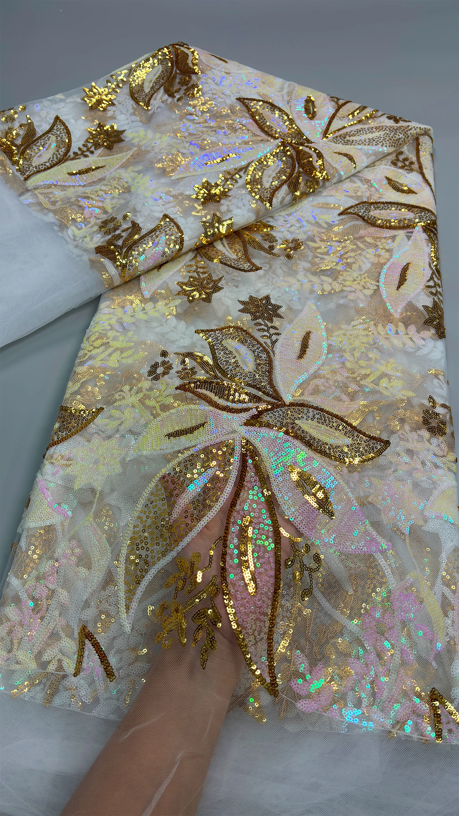 2026 Gold French Embroidered Mesh Lace Fabric High Quality 5 Yards Luxury African Nigerian Tulle Sequins Lace Fabric for Wome