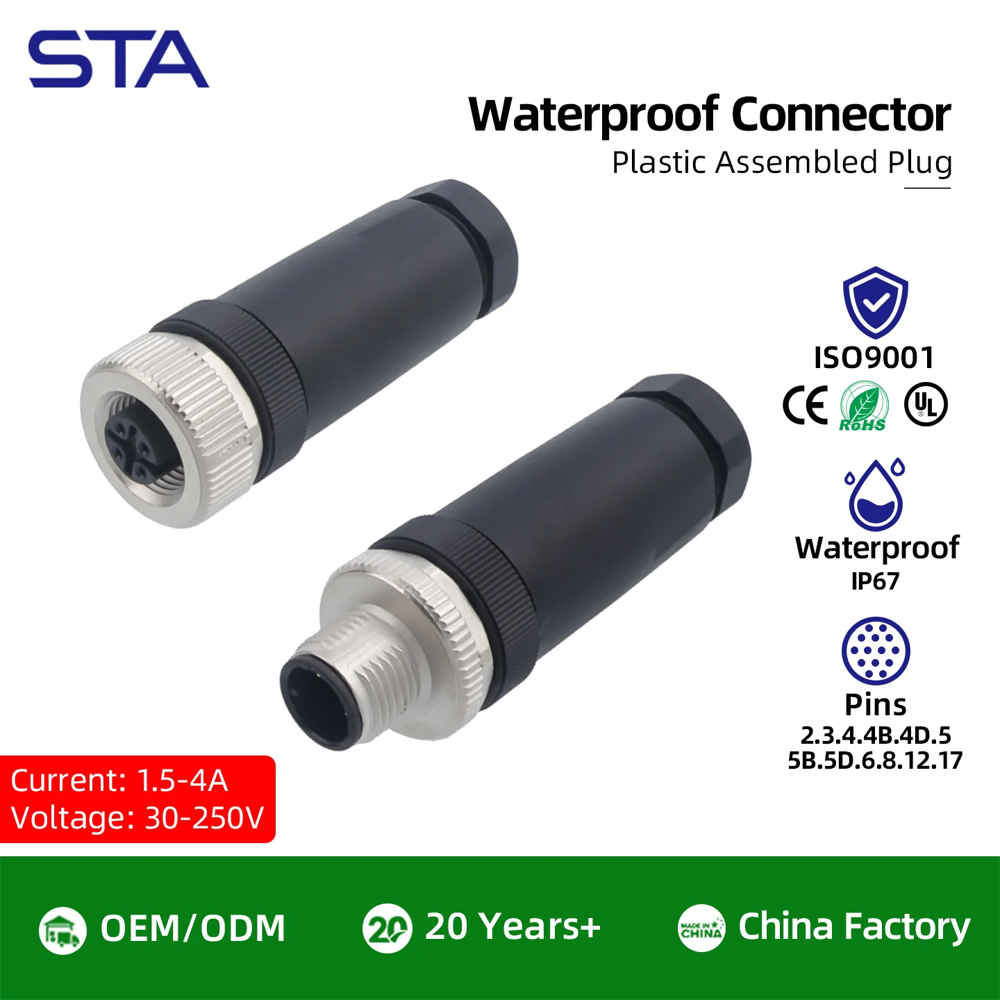 M12 2/3/4/5/6/8Pins Aviation plug A/B/D code male female straight angled Plastic Assembled PG7 PG9 Waterproof IP67 connector