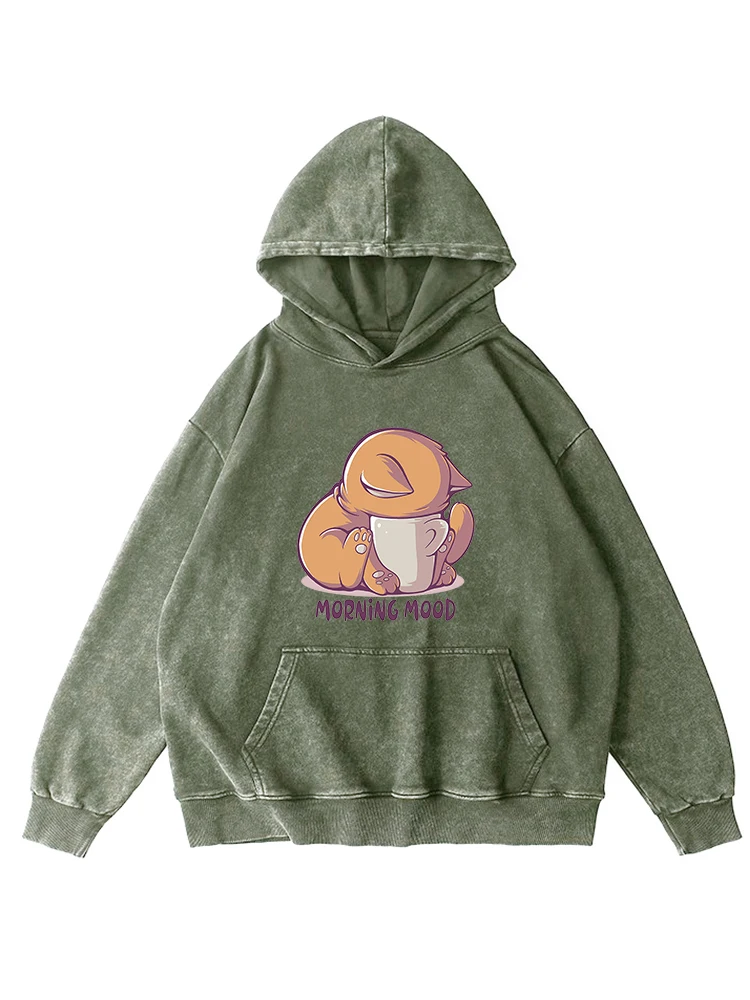 Morning Good Funny Kawaii patrón estampado mujer lavado desgastado Sudadera con capucha Casual cómodo con capucha moda algodón otoño cálido Tops