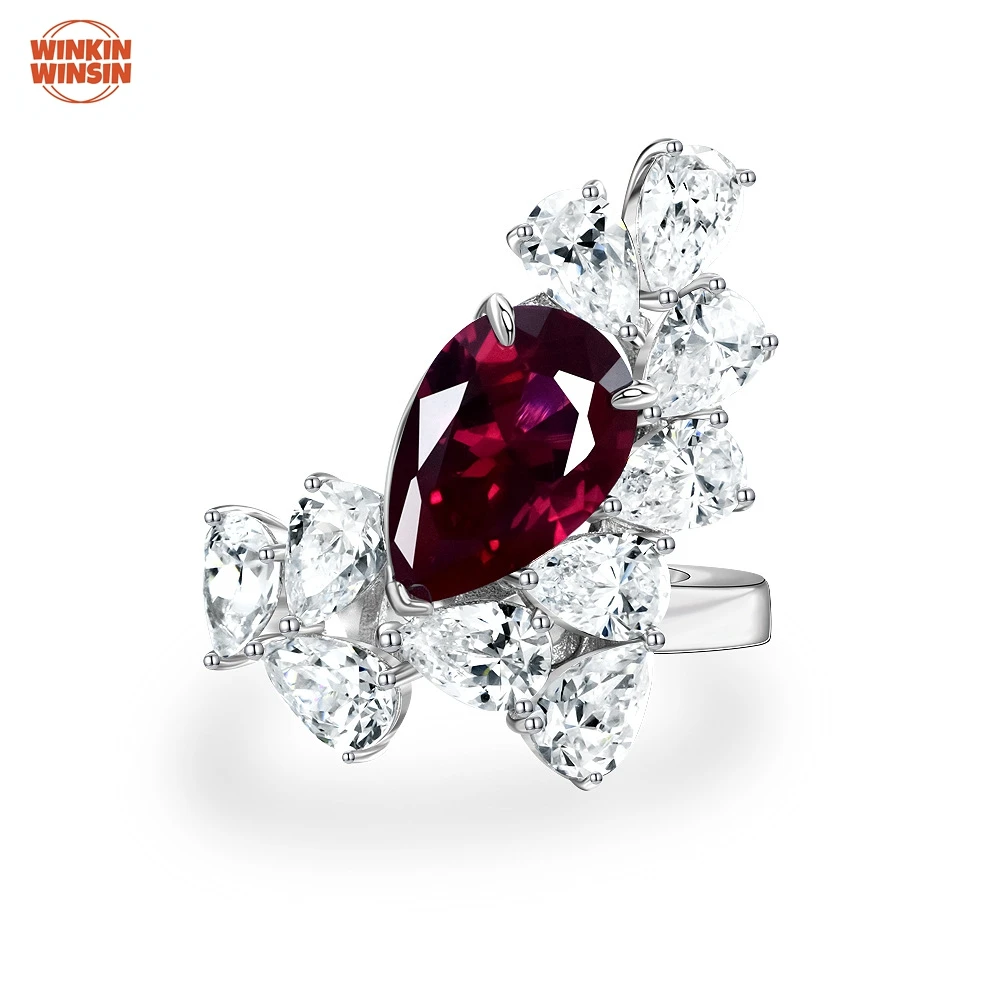 

Winkin Winsin 3 Carat Water Drop Ruby Flower Lab Grown Gemstones Diamond Ring Women 925 Sterling Silver Fine Jewelry
