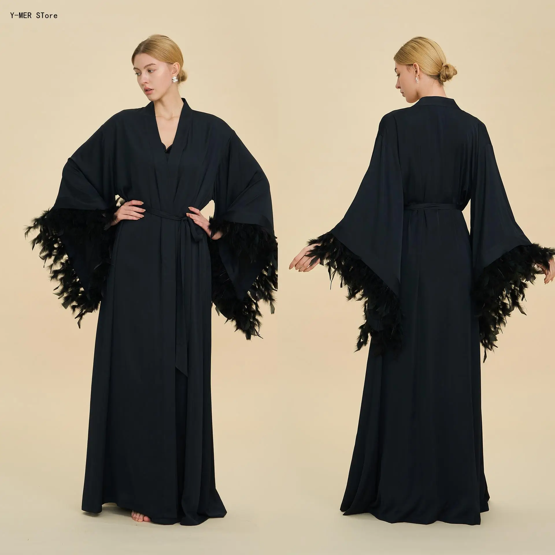 French Luxury Feather Trim Bridal Robe Elegant Bride Bridesmaid Wedding Morning Gown Bathrobe Women Sleepwear Dressing Robe