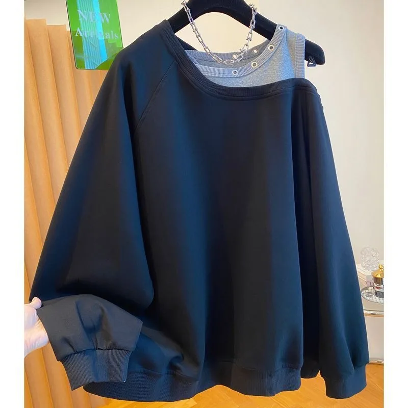 Felpa con cappuccio in tinta unita con spalle scoperte in due pezzi finta semplice e versatile da donna Autunno sciolto in un unico hip-hop in due pezzi finti di grandi dimensioni