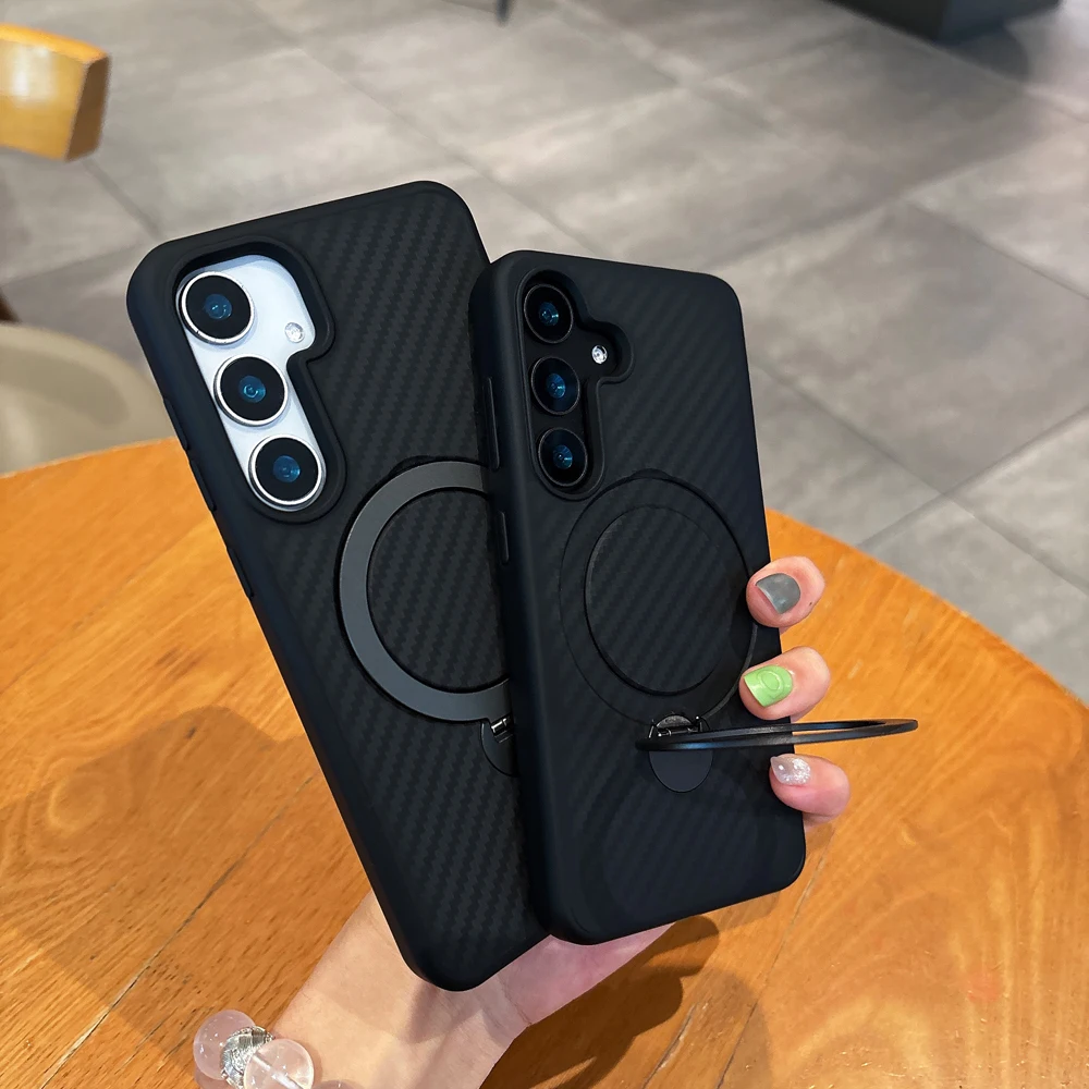 Carbon Fiber Texture Case For Samsung Galaxy S26 Ultra S25 S24 Plus Wireless Charging Magnetic Ring Holder Cover