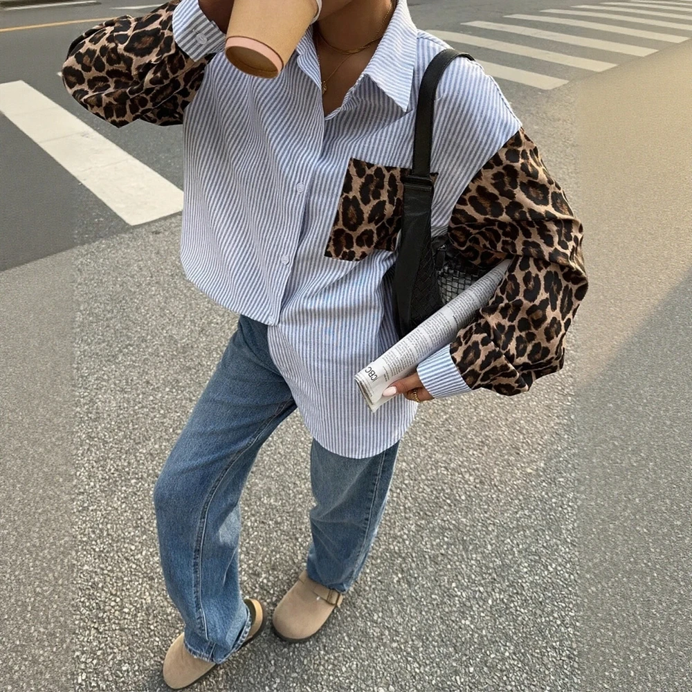 

Женские рубашки, осень-зима, французская мода, 2025 г., шикарные элегантные повседневные рубашки с леопардовым принтом и длинными рукавами с отложным воротником