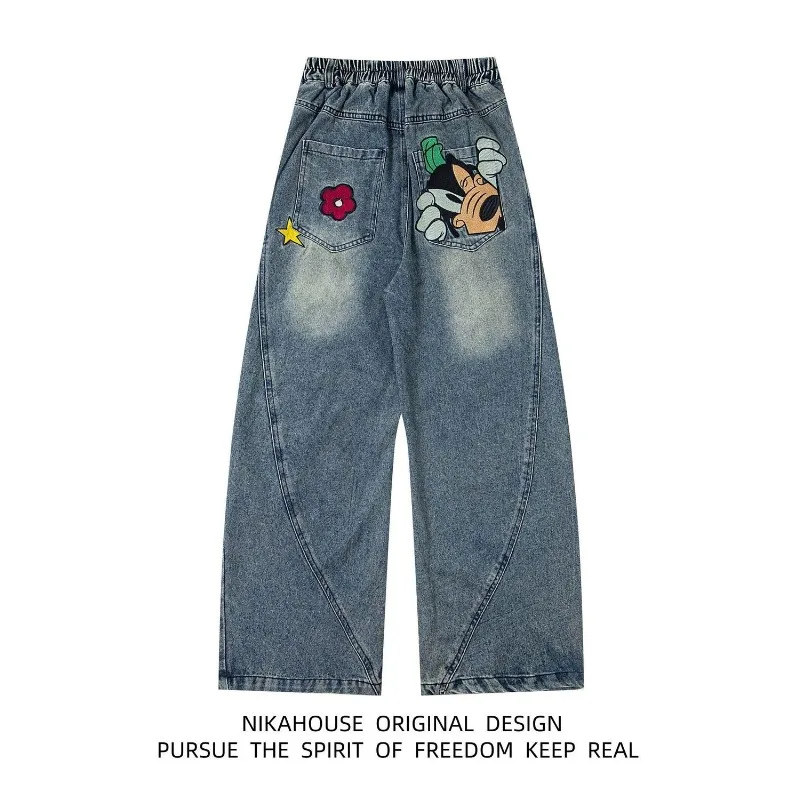 

Y2k jeans Officially Licensed Disney New American Vintage Washed Mickey Embroidery Dopamine Loose Scooped Leg Denim Long Pants