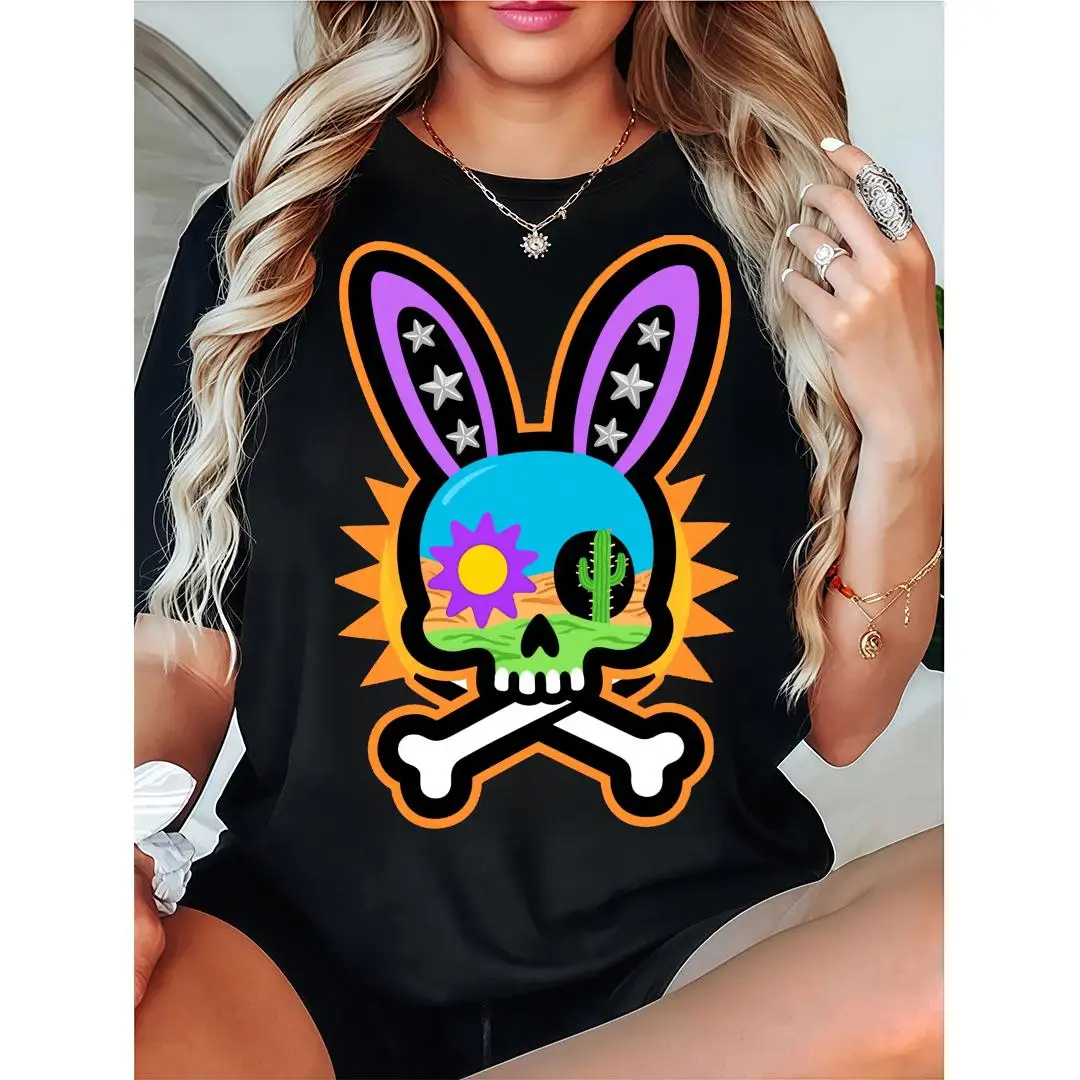 

Edgy And Playful T - Shirt: Bunny - Skull Graphic With Cactus And Sun Design