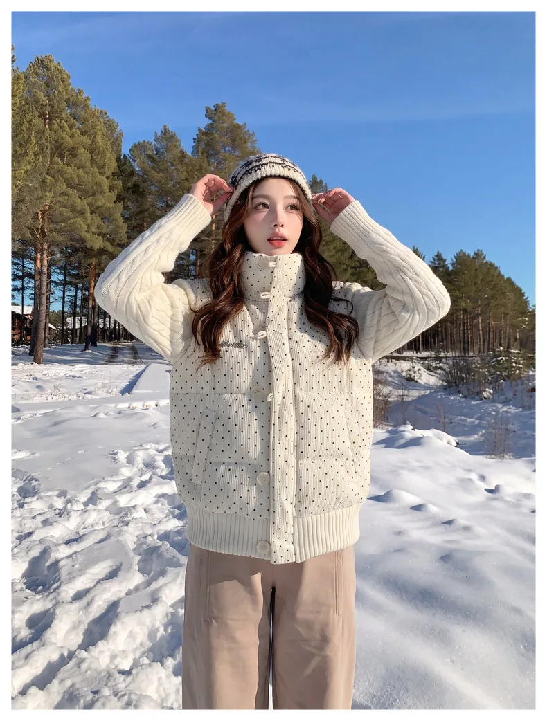 Korean Polka Dot Knit Patchwork Corduroy Cotton Jacket for Women Winter Sweet Thick Puffer Jackets Woman Stand Collar Y2K Parkas