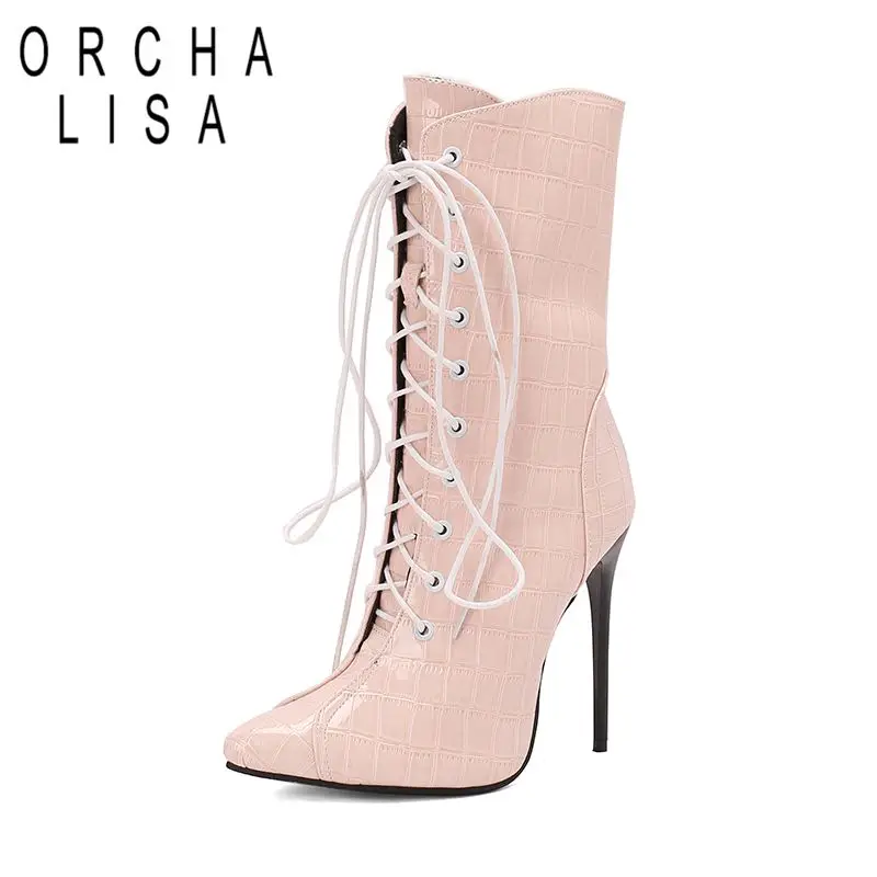 

ORCHALISA Fashion Female Mid Calf Boots Plaid Pointed Toe Stiletto 12cm Zipper Lace Up Plus Size 46 47 48 Sexy Party Dating Bota