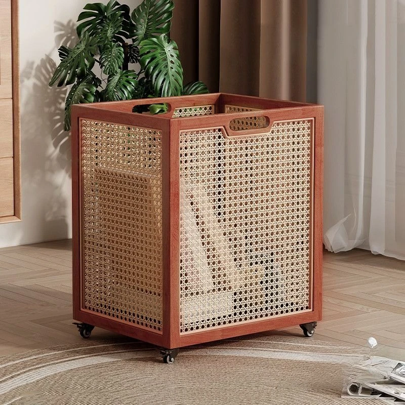 all-solid wood dirty clothes basket, rattan woven with cover, mobile dirty clothes basket with wheel toilet, large-capacity