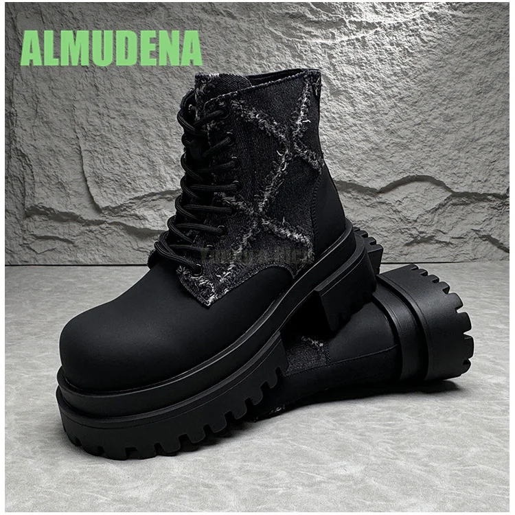 Men's Motorcycle Short Boots with Fashionable Round Toe Thick Sole Increased Height Thick Heel Versatile Workwear Boots