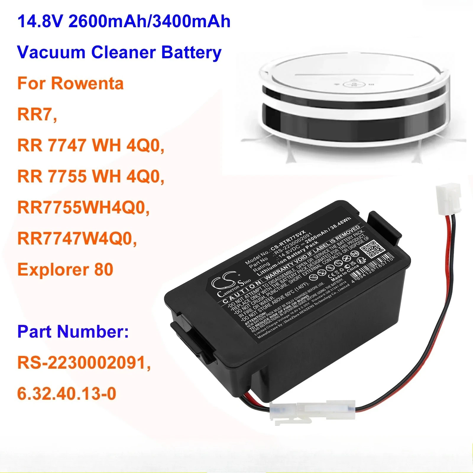 14.8V 2600mAh/3400mAh Battery RS-2230002091 for Rowenta RR7, Explorer 80, RR 7747 WH 4Q0, For Tefal RG 7765 WH, RG7765WH