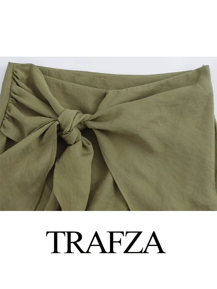 TRAFZA Summer Women's Fashion Green Skirt A-Line High Waist Zipper Mini Skirts Woman Elegant Female Pleated Shorts Streetwear