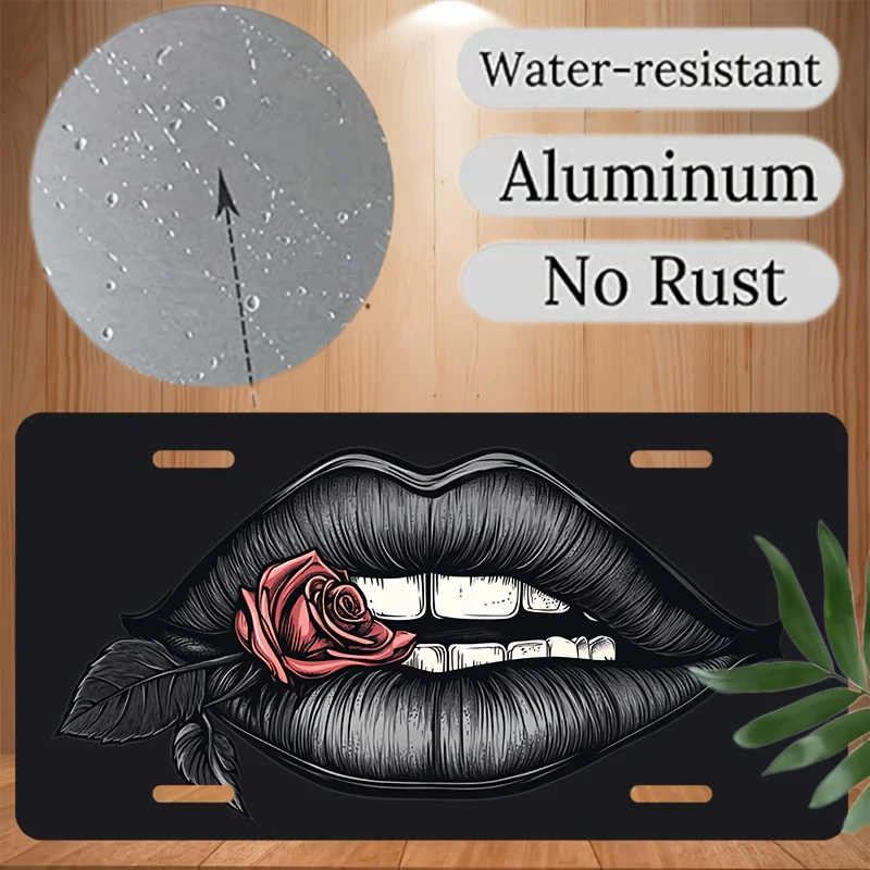 [JIT]2D Flat, 1PCLarge 30.48cm x 15.24cm Gothic Lips and Roses License Plate Frame- Heavy Duty Aluminum Waterproof Car License P