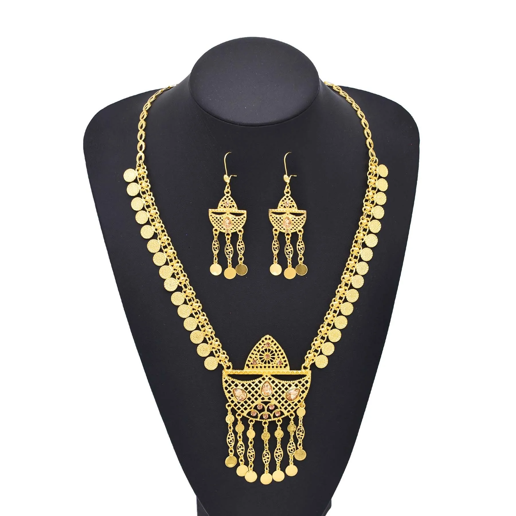 Arab Ethnic Golden Coins Crystal Geometric Moon Pendant Necklace Earrings for Women Vintage Afghan Kurdish Statement Jewelry Set