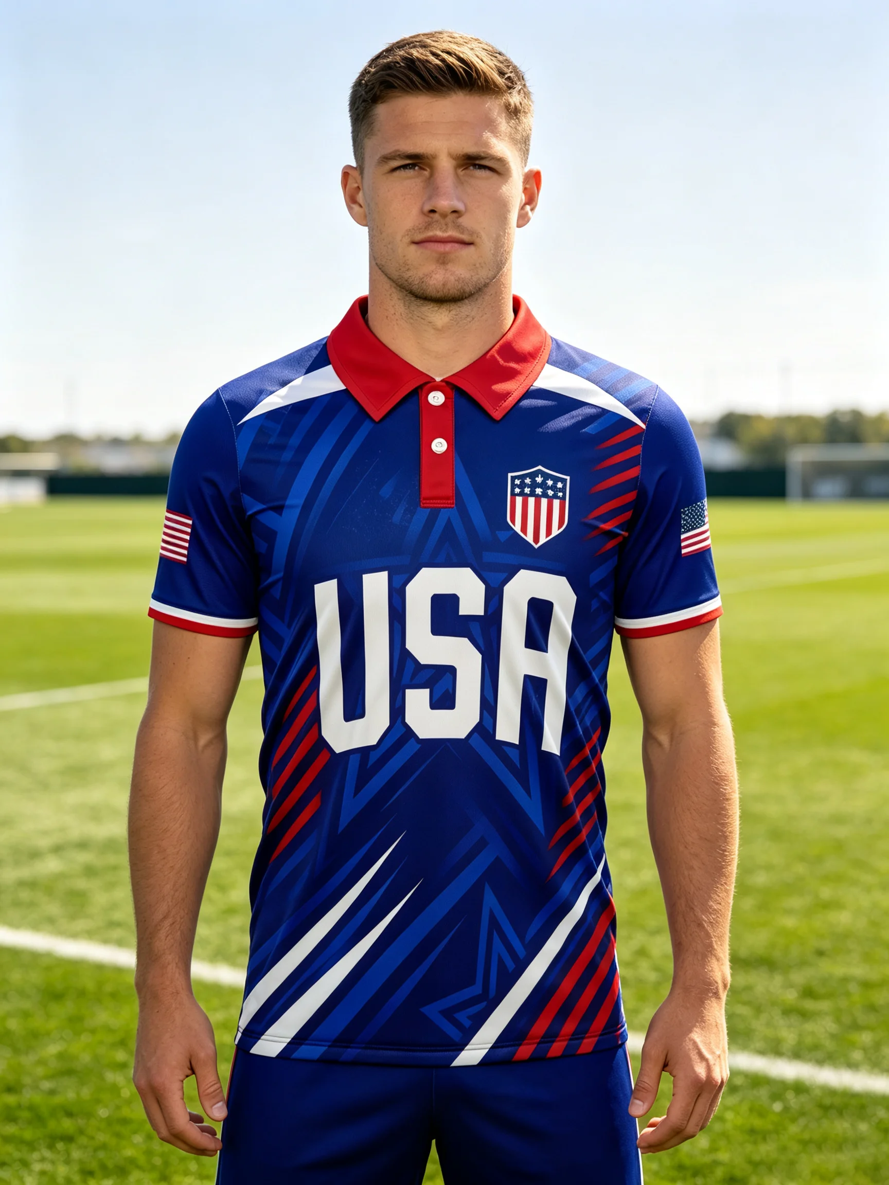 2026 USA performance polo jersey, roaring‑wolf and star‑spangled print, premium quick‑dry breathable sport fabric