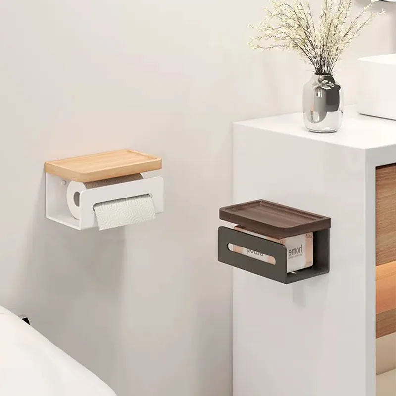 For Solid Wood Tissue Holder Punch Free Bathroom Toilet Paper Dispenser Wall Mount Draw Paper Storage Rack