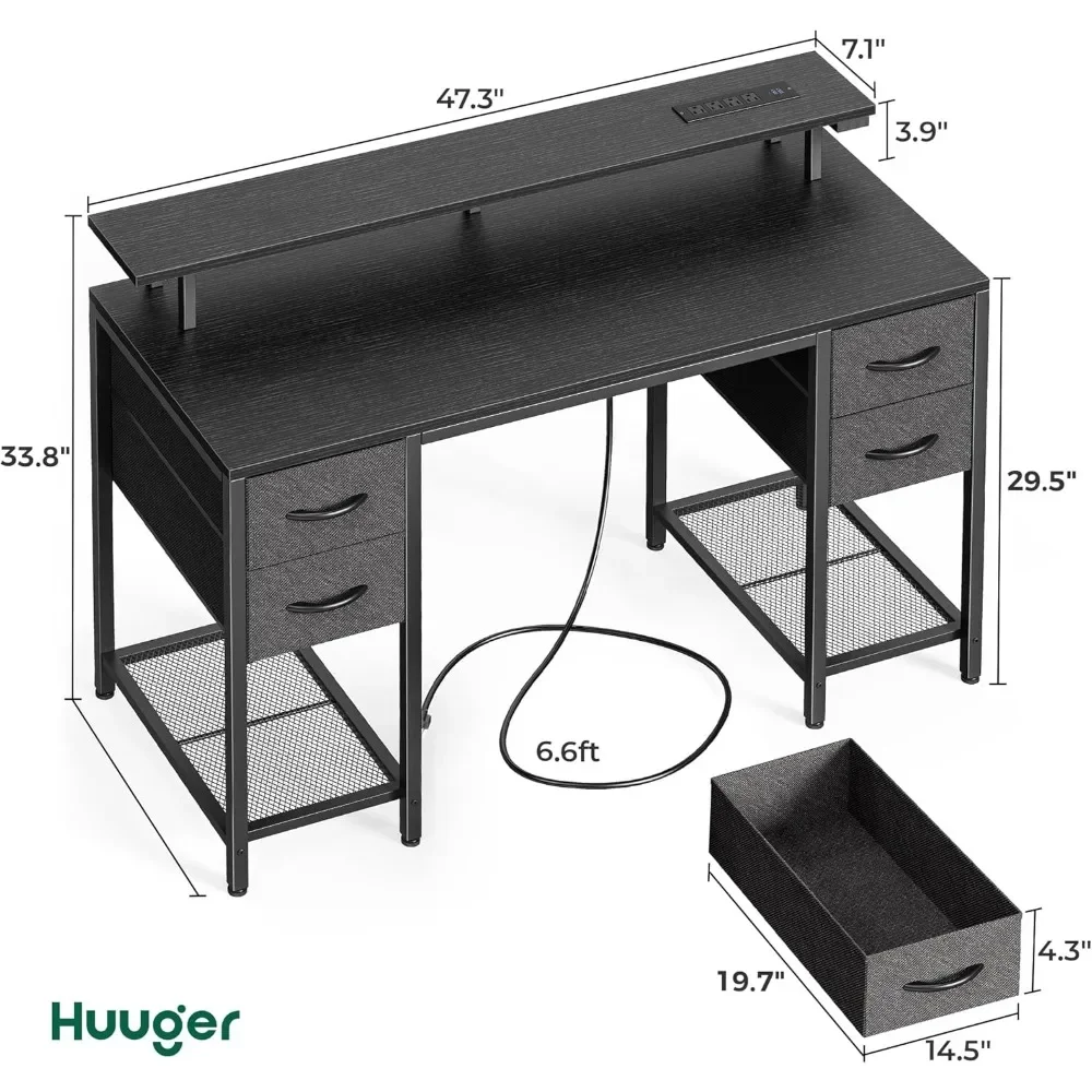 Bureau d'ordinateur avec lumières LED et prises de courant, grand espace de rangement pour chambre à coucher, bureau de jeu à domicile, 4 wers de proximité, 47 pouces