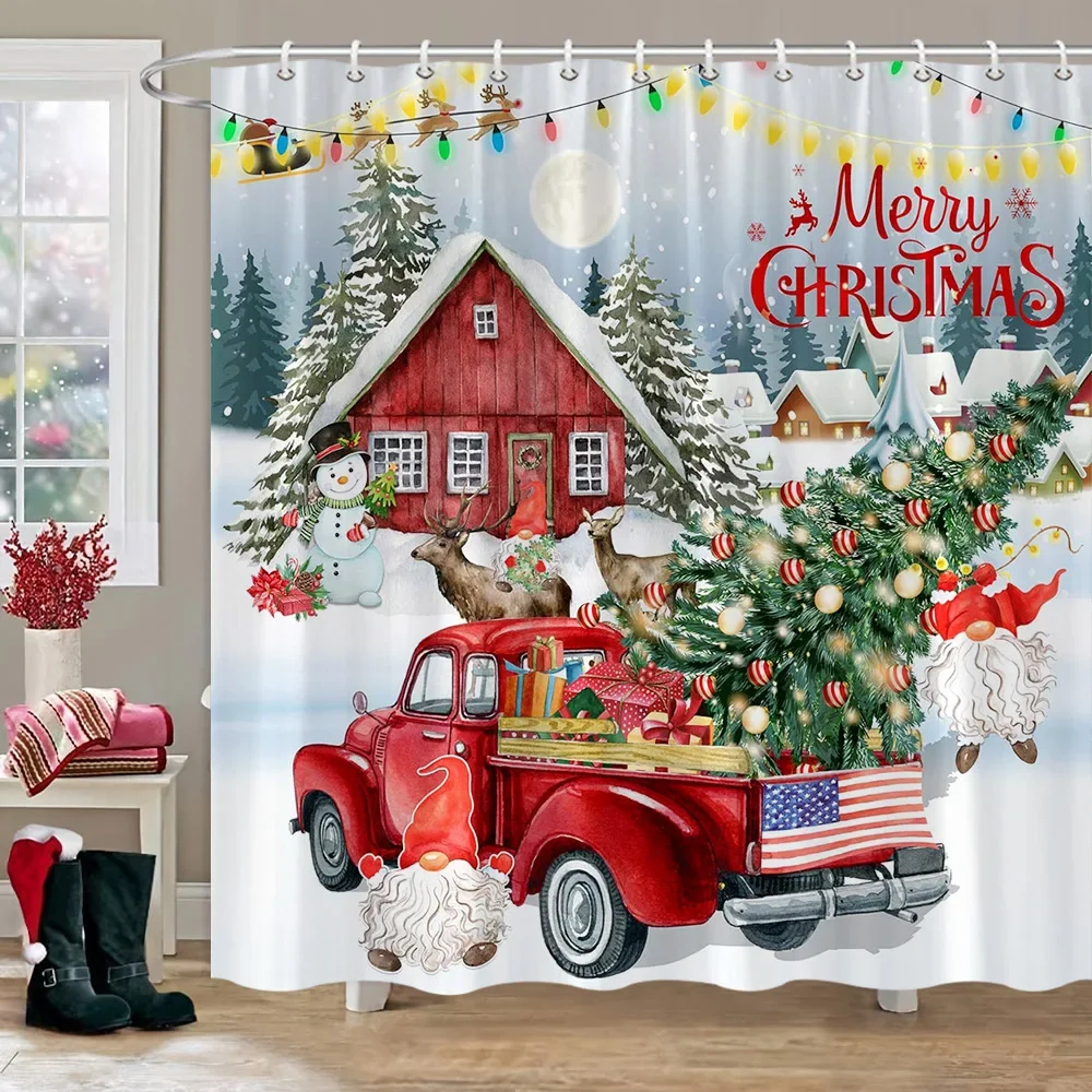 Merry Christmas Bathroom Curtains Snowman Christmas Tree Gift Red Truck Polyester Fabric Washable Shower Curtain Bathroom Decor