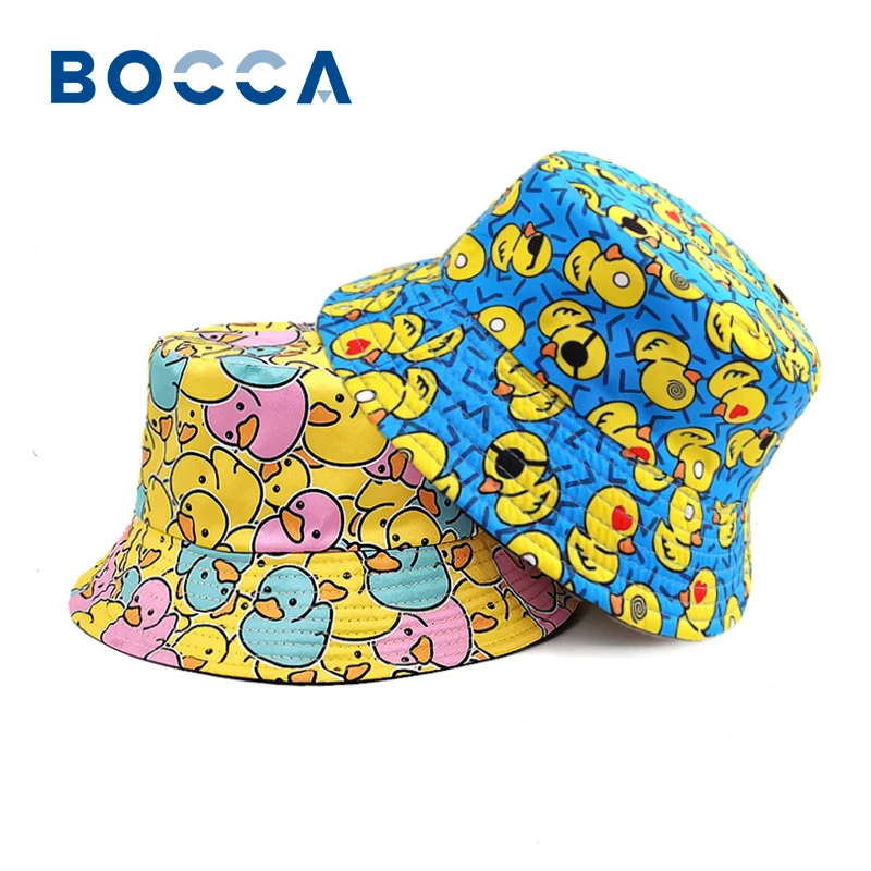 Bocca canard seau chapeau dessin animé jaune pêcheur chapeaux mignon Double côtés réversible Panama casquette pour hommes femmes été voyage en plein air