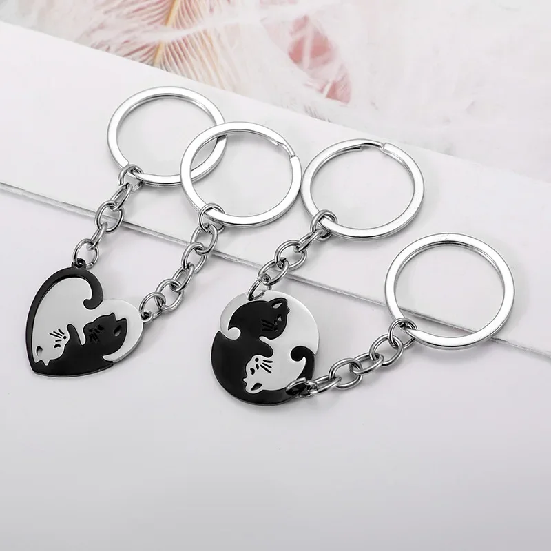 2pcs Black Cat Heart Shaped Love Combine Keychains White Stainless Steel Pendant Couples Anti Loss Keyrings Bag Accessories Gift