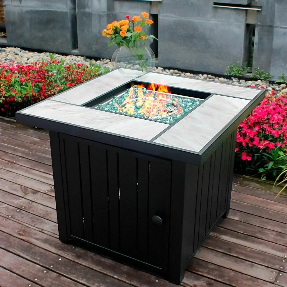 

30" Propane Fire Pit with Real Ceramic Tabletop, 50000 BTU Gas Fire Pit Table with Lid&Glass Rock, Outdoor Fire Pit table