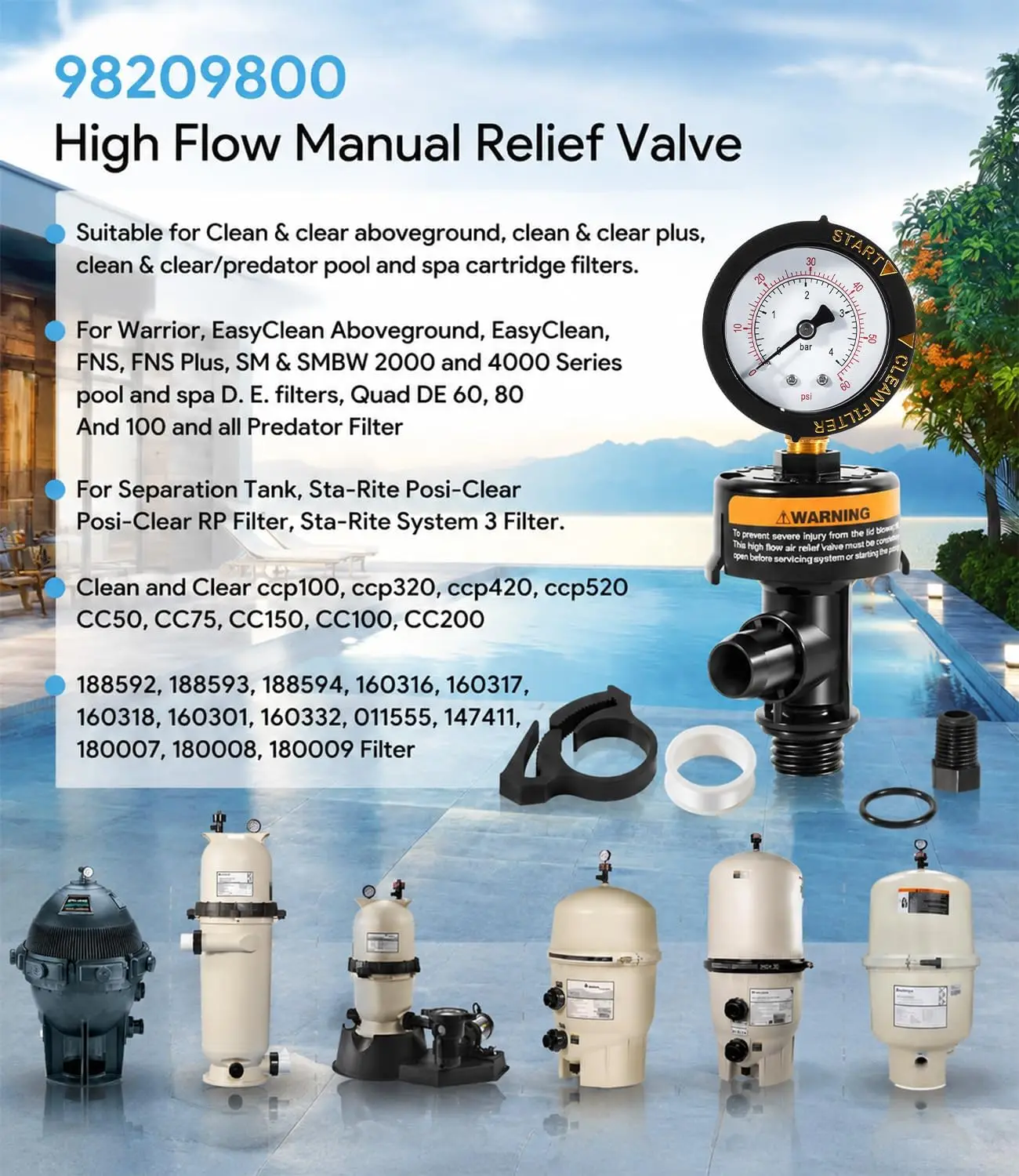 MX 98209800 High Flow Manual Relief Valve, Air Relief Manual Valve Assembly with Pressure Gauge, for Pentair Pool and Spa Filter