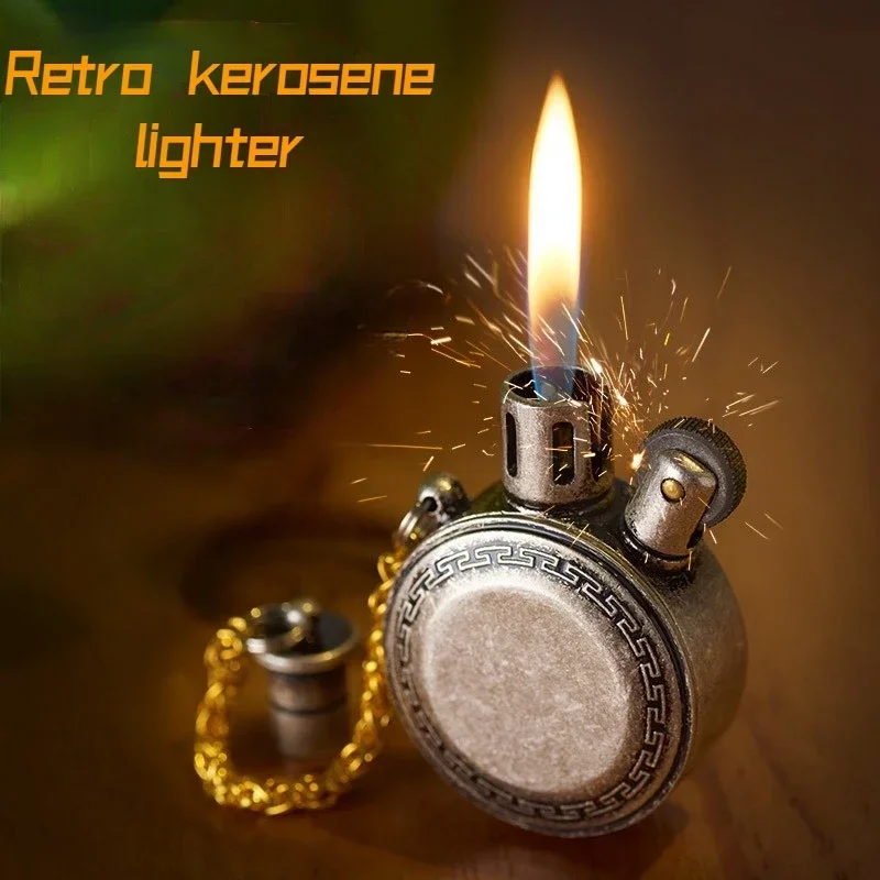 Classic Vintage Pocket Watch Kerosene Lighter Mini Portable Gasoline Lighter Oil Round Metal Unusual Collection Men\'s Gift