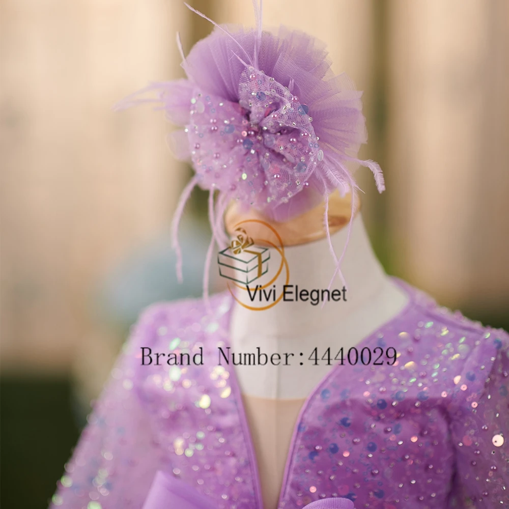 Cute Purple Flower Girls Dresses with Sequined Tiered Full Sleeve Tutu Wedding Party Dresses 2023 Summer New V Neck فلور فتاة ال