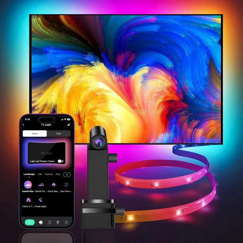 RGBIC TV Backlight Strip,AR Color Gamut Sensor,can Capture Part of The Color on The Screen,12.5FT/55-65,16.4FT/65-85 TV,US Power