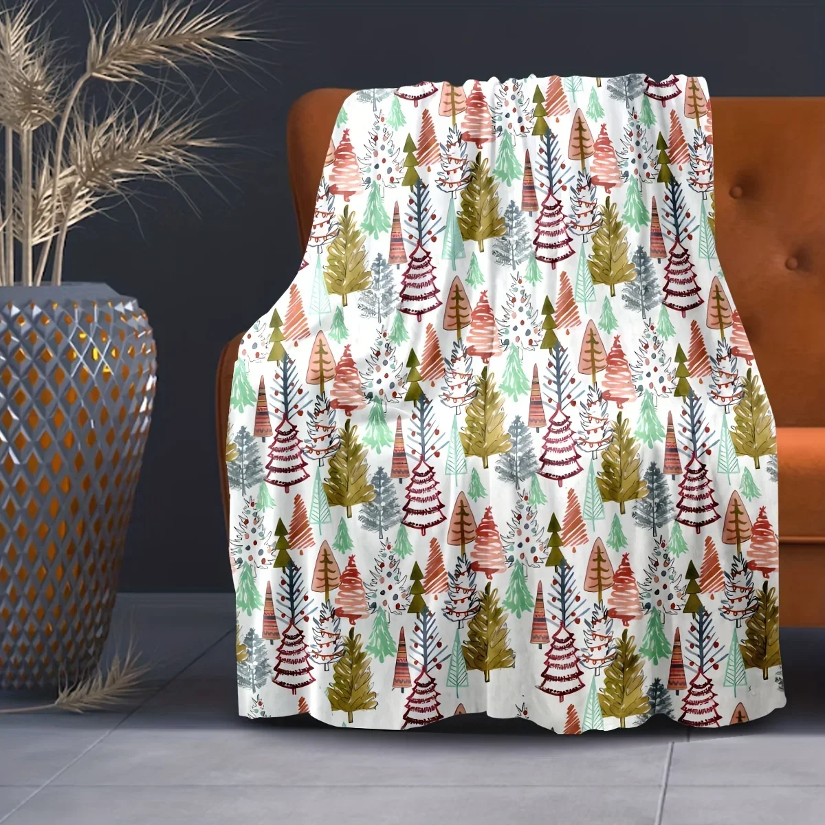 2D Flat Print, 1pc of Fresh Christmas Holiday-style Throw Blanket/blanket, Featuring a Multi-colored Hand-painted Style Christma