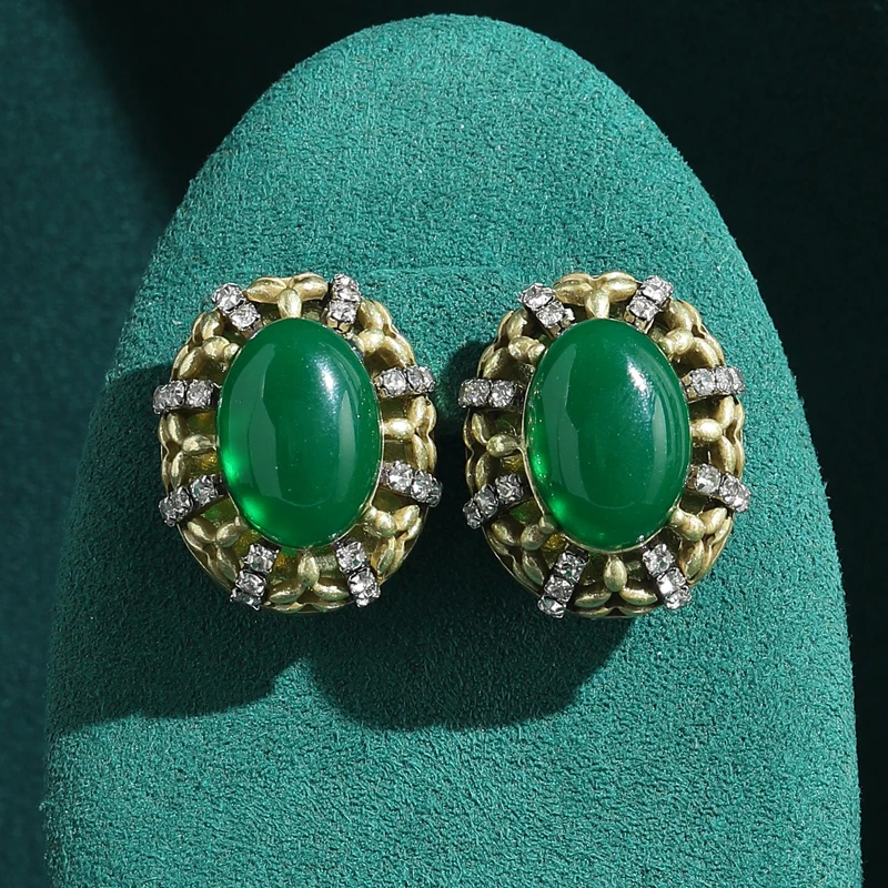 

Antique Jewelry Vintage Oval Natural Stone Green Stud Earrings For Women 2026 Banquet Classic Elegance Gold Plated Accessories