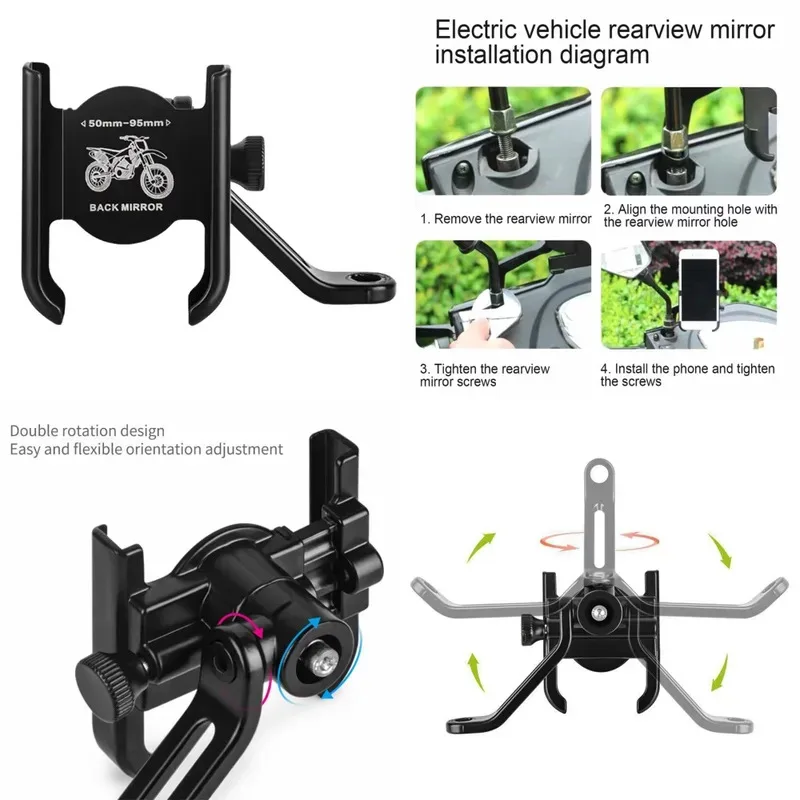 

Aluminum Alloy Motorcycle Bike Phone Holder GPS Bracket Rear View Mirror Mount Clip Moto Mirro Handlebar Mount For Xiaomi