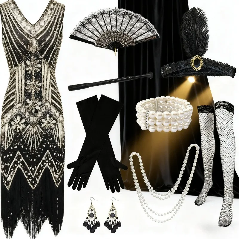 

Костюмные аксессуары: Вечернее платье в стиле 1920-х годов, вдохновленное Великим Гэтсби, с обильной вышивкой бисером и бахромой, комплект с выдвижным держателем для сигарет