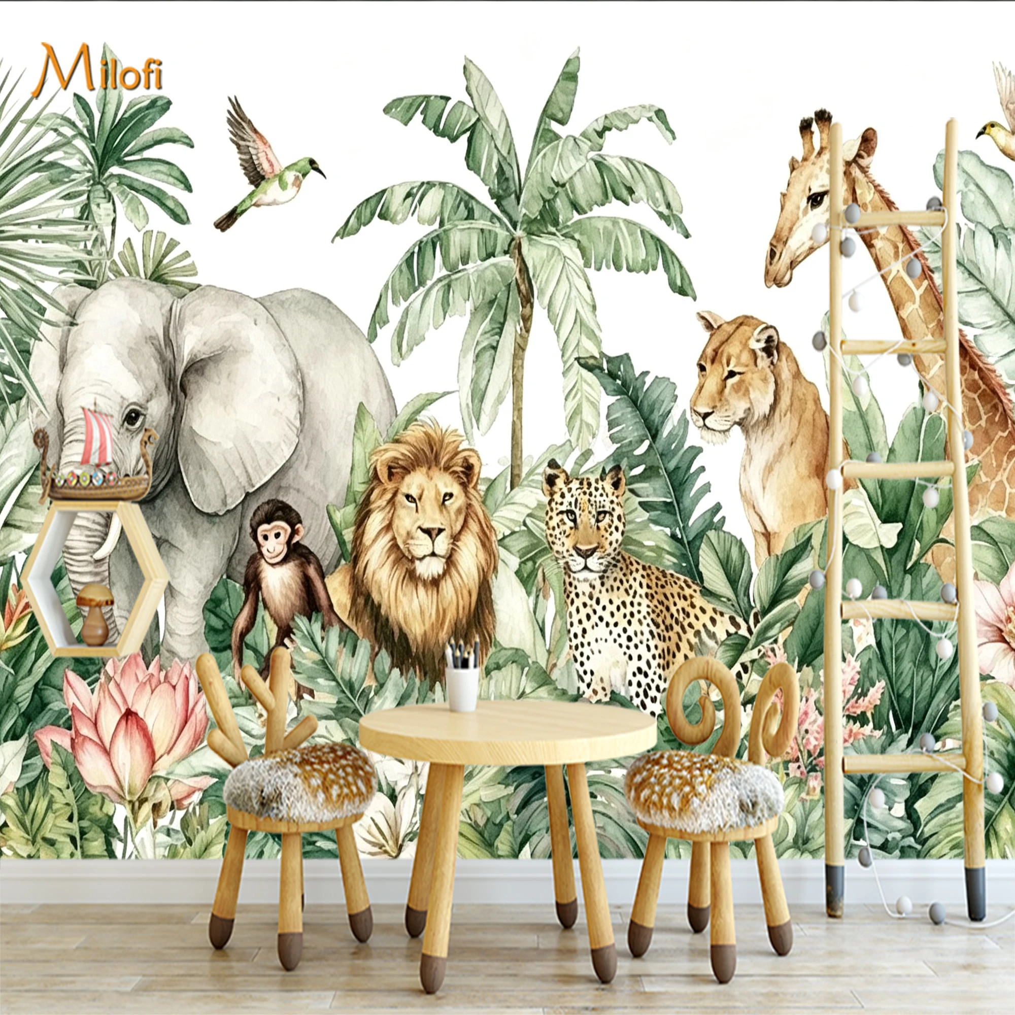 Custom Safari Animal Wall Mural - Elephant Giraffe Lion Leopard Jungle Theme Kids Nursery Decor Customizable Room Wall Art
