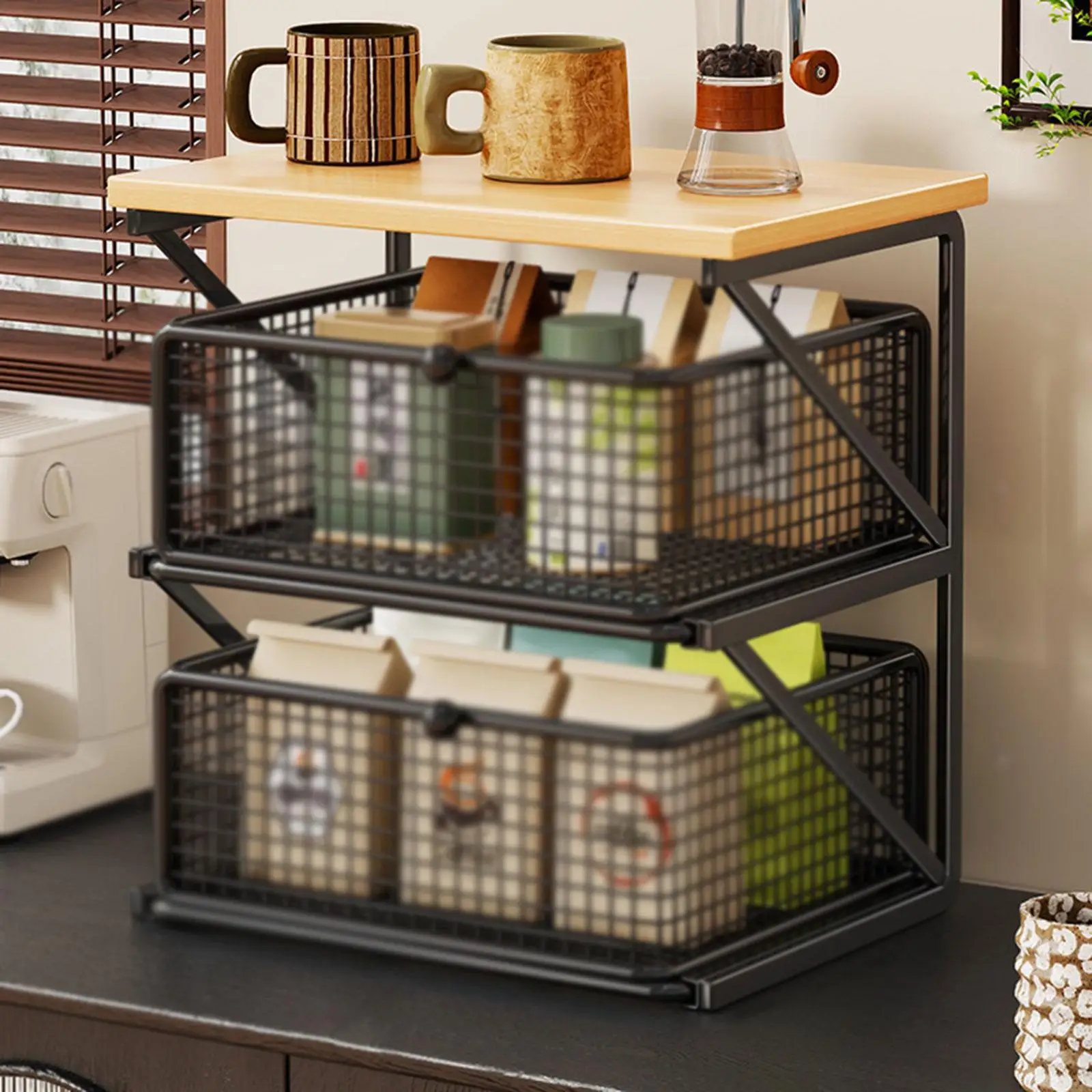 Coffee Bar Organizer Wooden Iron Kitchen Counter Rack Zoned Storage with Drawer for Mugs Tea Bags Snacks