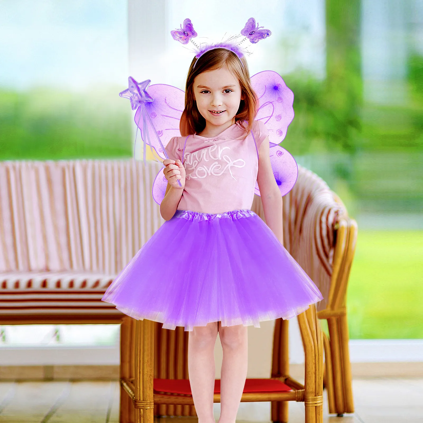 

1Set Butterfly Wings Fairy Dress Kit for Girls Adorable Comfortable Fairy Stick Headband Gauze Skirt Birthday Party